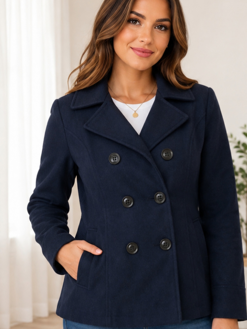 Celebrity Pink Women’s Navy Blue Double Breasted Peacoat Jacket Size Large